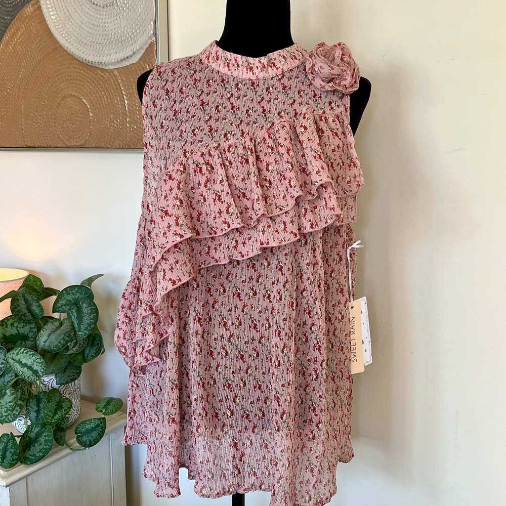 Sweet Rain Pleated Ruffled Pink Floral Top Size XXL NWT - Picture 2 of 9